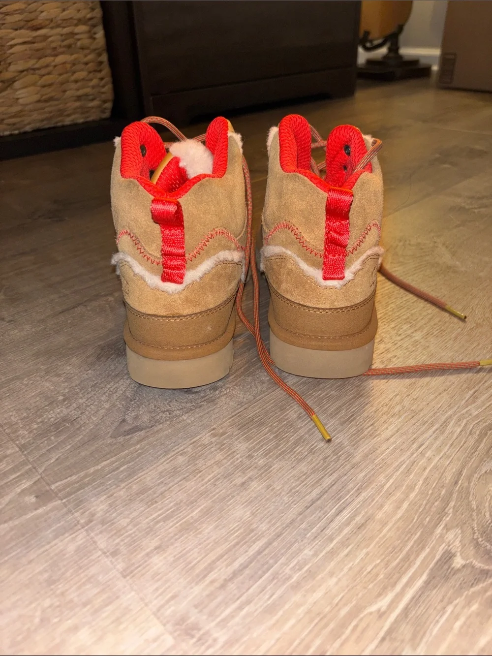 UGG Kids Tan Suede Boots with Orange Lining